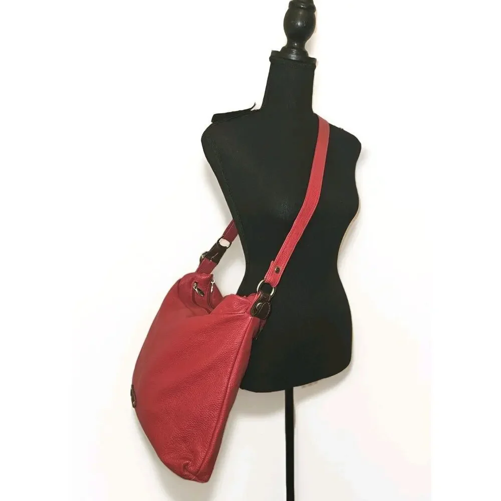 Valentina Made In Italy Red Pebbled Leather Hobo Handbag 15x15